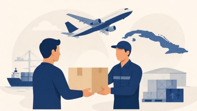Persona entrega una caja a un agente logístico junto a un avión y un barco con destino a Cuba.