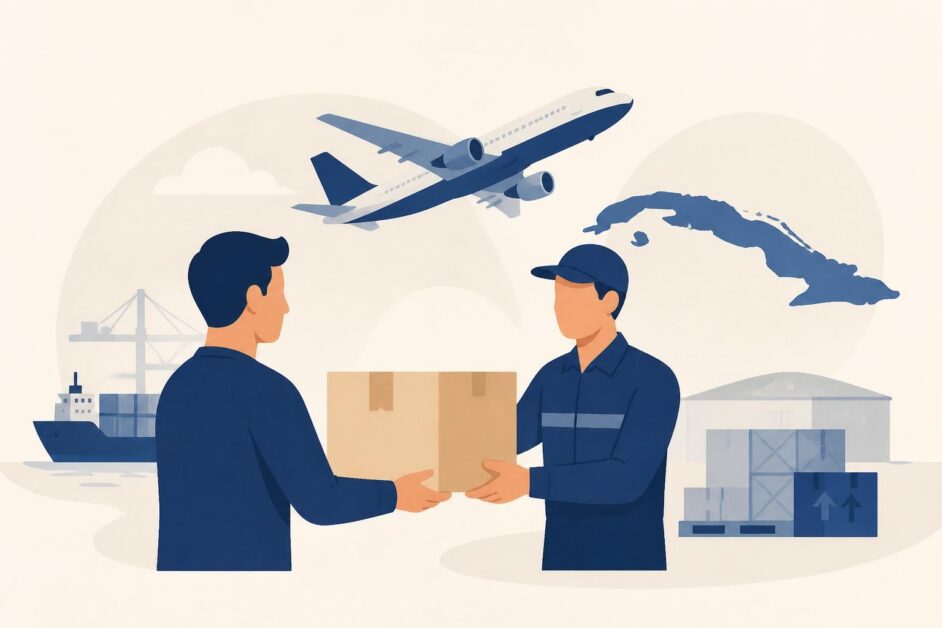 Persona entrega una caja a un agente logístico junto a un avión y un barco con destino a Cuba.