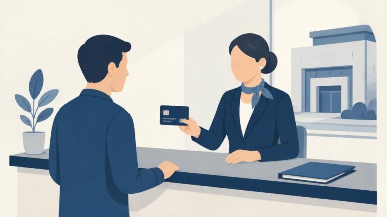 Persona atendida en un mostrador financiero para solicitar o recoger una tarjeta prepago.