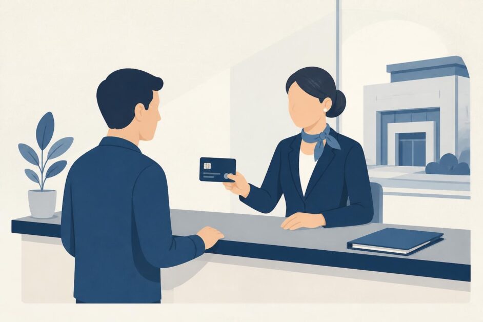 Persona atendida en un mostrador financiero para solicitar o recoger una tarjeta prepago.