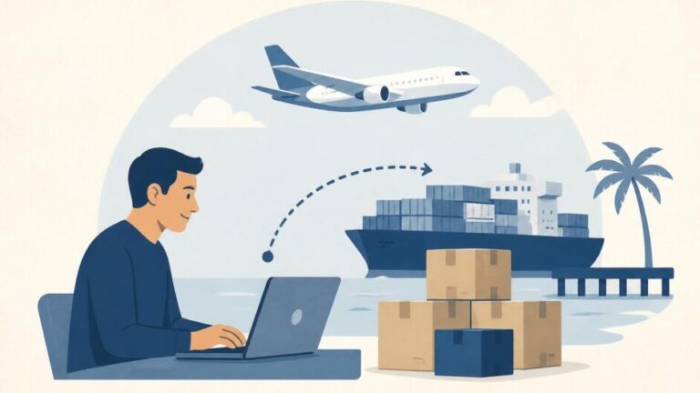 Persona usando una computadora junto a cajas, con un avión de carga y un buque portacontenedores al fondo.