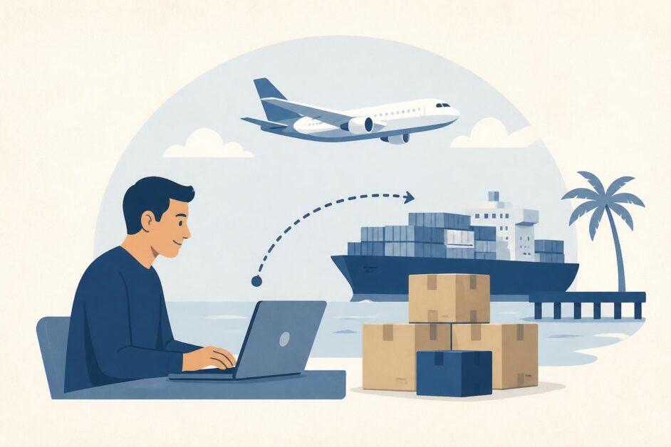 Persona usando una computadora junto a cajas, con un avión de carga y un buque portacontenedores al fondo.