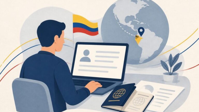 Persona completa una solicitud digital de visa con un pasaporte y una computadora, junto a un globo terráqueo.