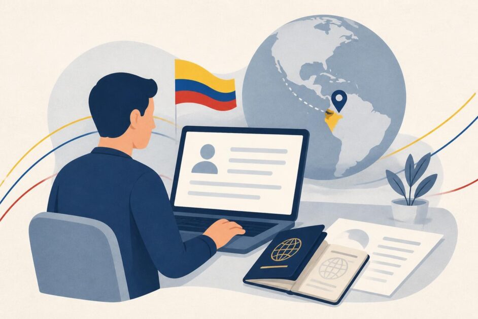 Persona completa una solicitud digital de visa con un pasaporte y una computadora, junto a un globo terráqueo.