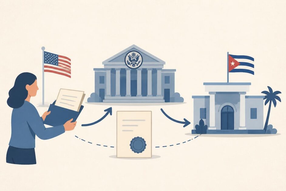 Persona gestiona documentos entre una oficina estadounidense y un consulado cubano.