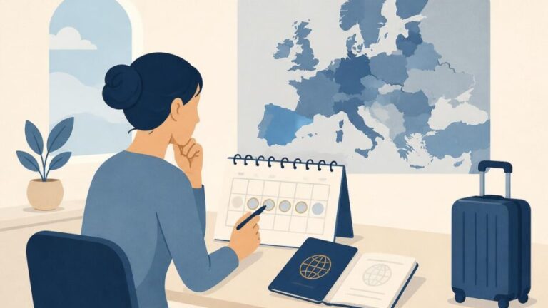 Viajera consulta un calendario junto a su pasaporte, una maleta y un mapa de Europa.