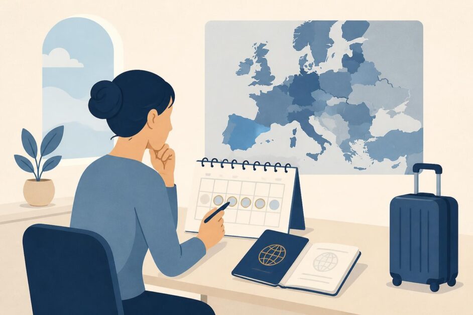 Viajera consulta un calendario junto a su pasaporte, una maleta y un mapa de Europa.