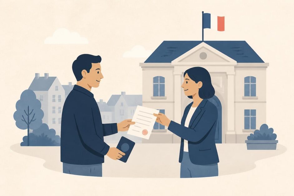 Anfitrión entrega un certificado de alojamiento a un visitante frente a un ayuntamiento francés.