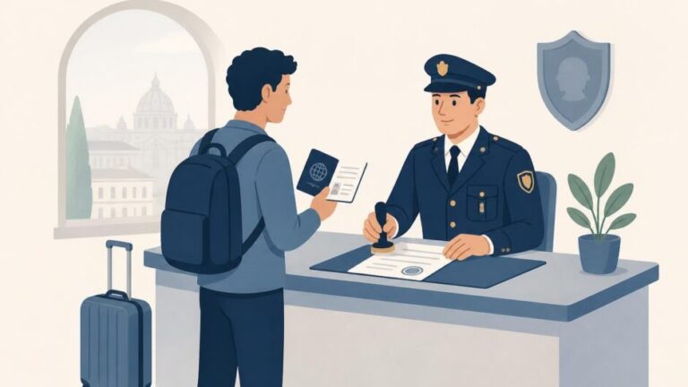 Persona con pasaporte entrega un formulario a un agente en una comisaría italiana.