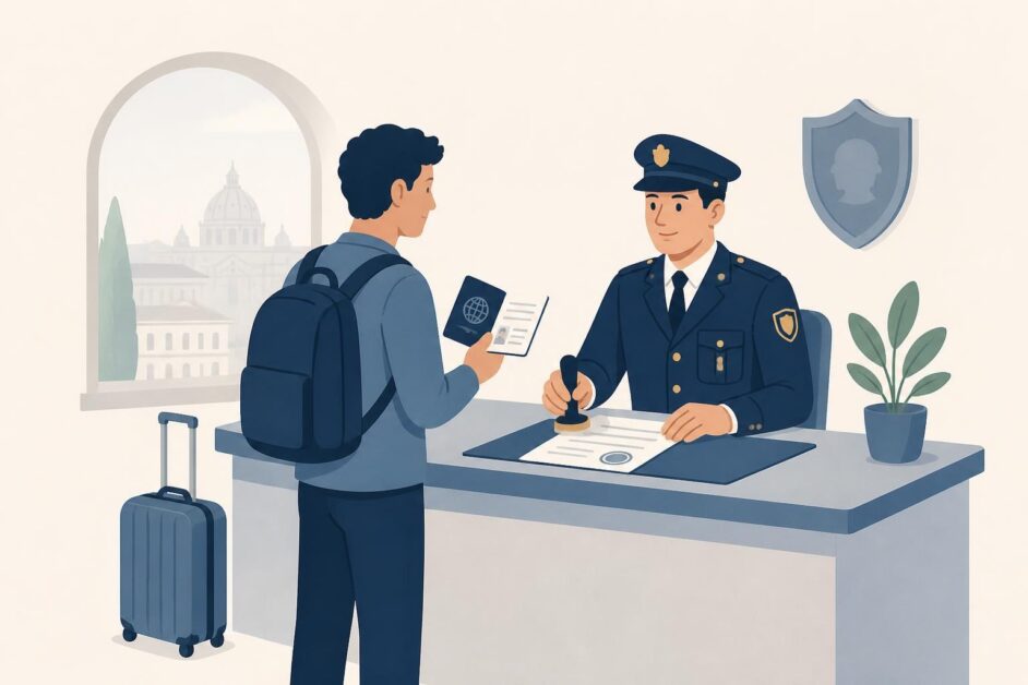 Persona con pasaporte entrega un formulario a un agente en una comisaría italiana.