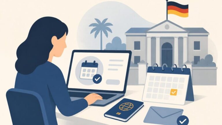 Persona reserva una cita consular en computadora junto a un pasaporte y un calendario.