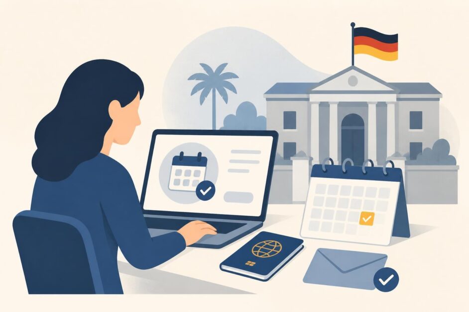 Persona reserva una cita consular en computadora junto a un pasaporte y un calendario.