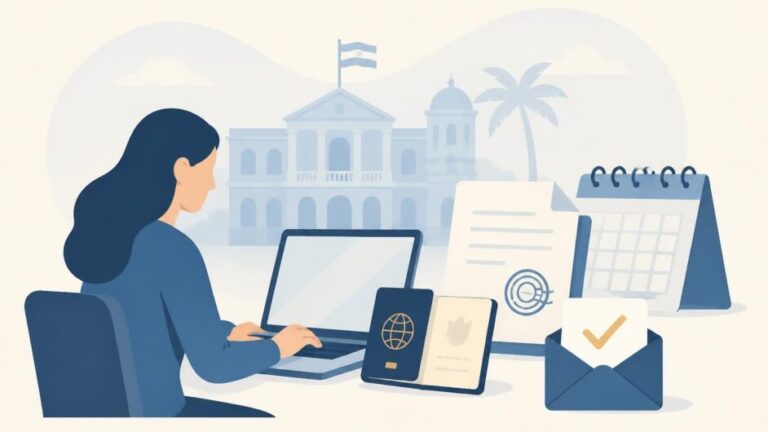 Persona usando una computadora para solicitar una cita consular, con pasaporte, documentos y confirmación por correo.