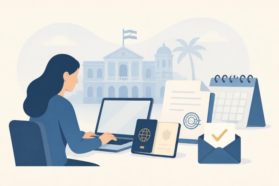 Persona usando una computadora para solicitar una cita consular, con pasaporte, documentos y confirmación por correo.