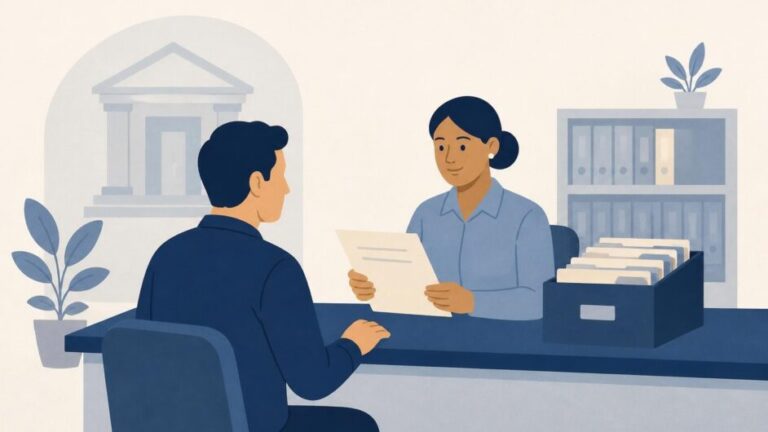 Persona consulta a un funcionario en una oficina de Registro Civil con archivos al fondo.