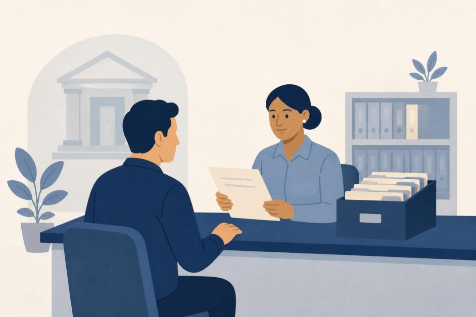 Persona consulta a un funcionario en una oficina de Registro Civil con archivos al fondo.
