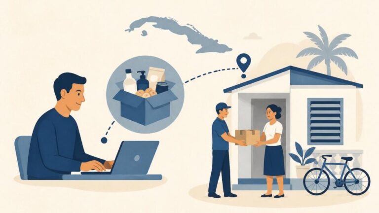Persona compra en línea mientras un repartidor entrega una caja de productos en una vivienda cubana.