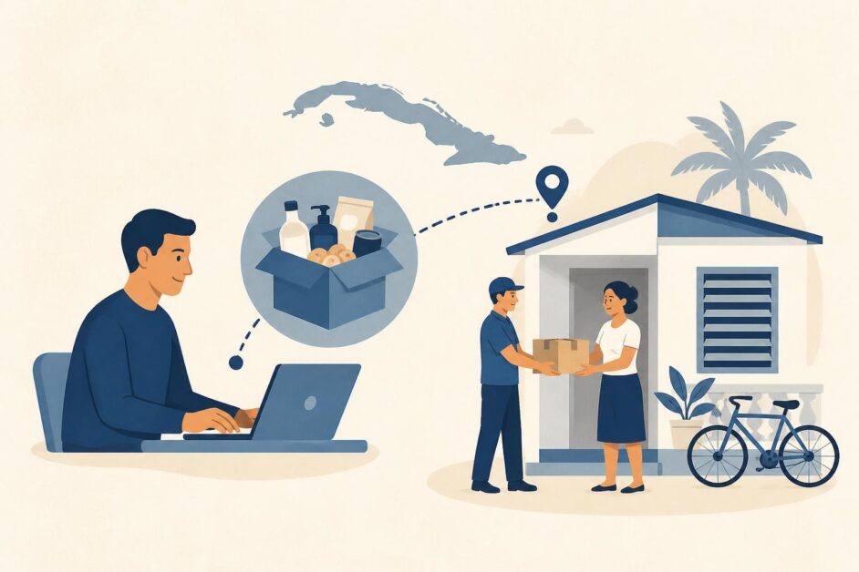 Persona compra en línea mientras un repartidor entrega una caja de productos en una vivienda cubana.