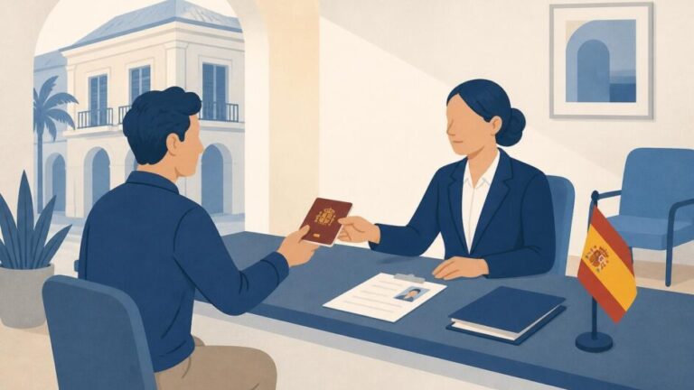 Persona entrega su pasaporte y documentos en una oficina consular española.
