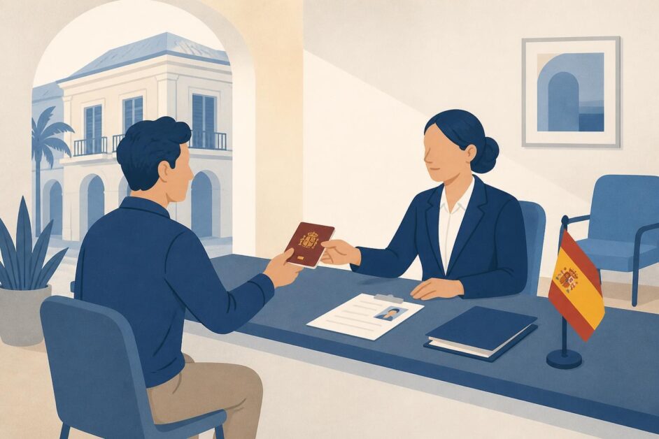 Persona entrega su pasaporte y documentos en una oficina consular española.