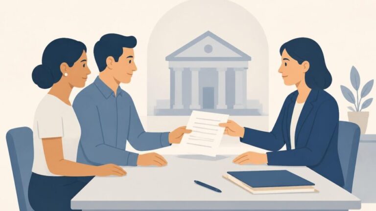 Pareja entrega una solicitud de matrimonio a una funcionaria en una oficina de registro civil.