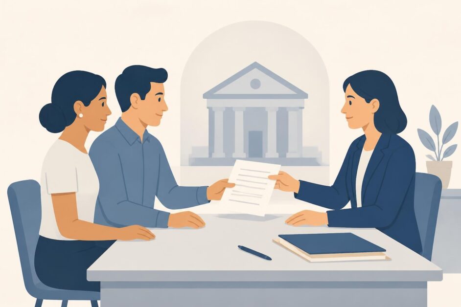 Pareja entrega una solicitud de matrimonio a una funcionaria en una oficina de registro civil.