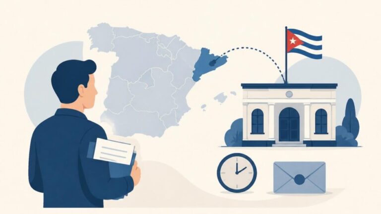 Persona con documentos consulta un mapa de España conectado a un edificio consular con bandera cubana.