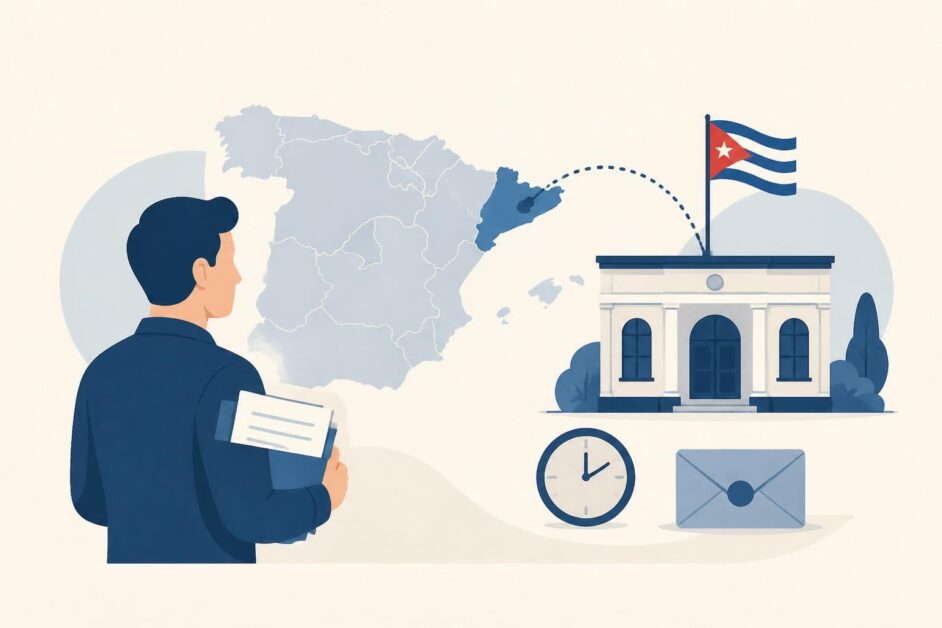 Persona con documentos consulta un mapa de España conectado a un edificio consular con bandera cubana.