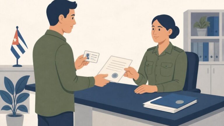 Joven presenta documentos ante una funcionaria en una oficina de registro militar.