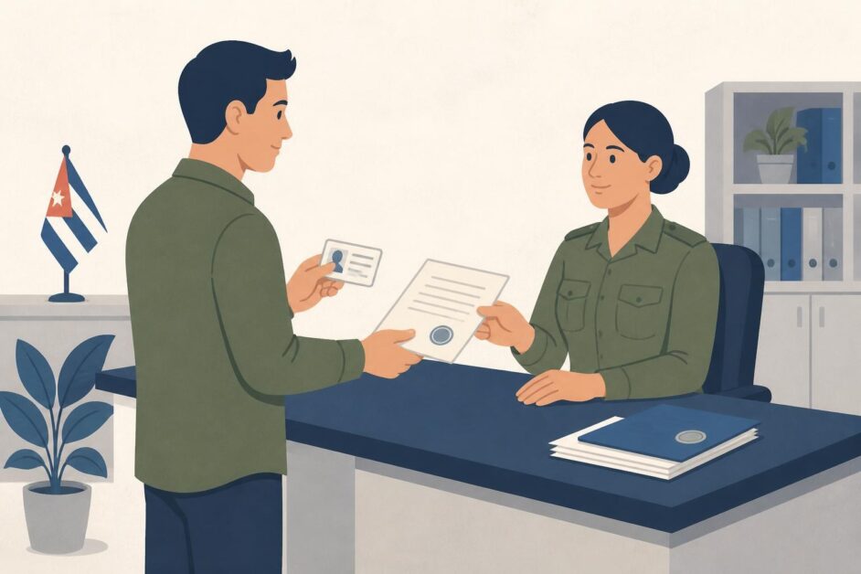 Joven presenta documentos ante una funcionaria en una oficina de registro militar.