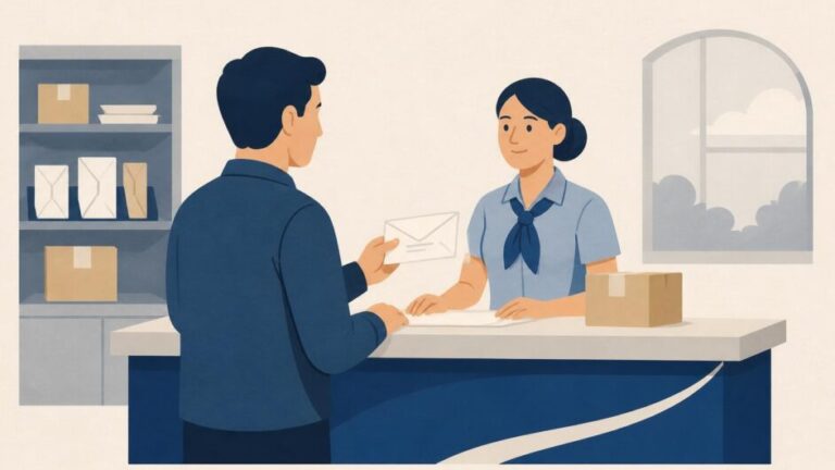 Persona entrega un sobre a una trabajadora en un mostrador de atención postal.