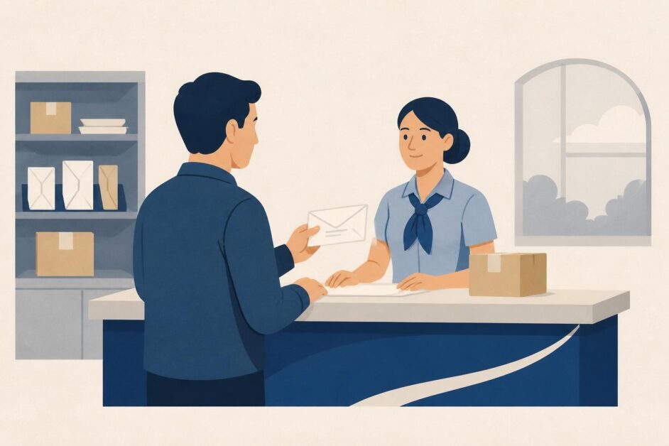 Persona entrega un sobre a una trabajadora en un mostrador de atención postal.