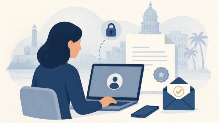 Persona usa una computadora para solicitar un documento oficial, con correo de verificación y sello.