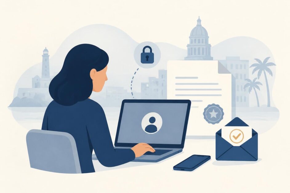 Persona usa una computadora para solicitar un documento oficial, con correo de verificación y sello.