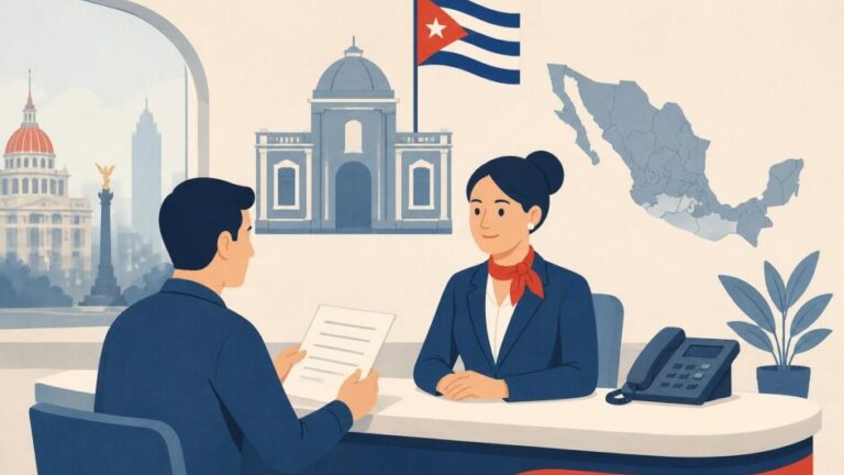 Persona consulta en un mostrador de un consulado cubano con un mapa simplificado de México al fondo.