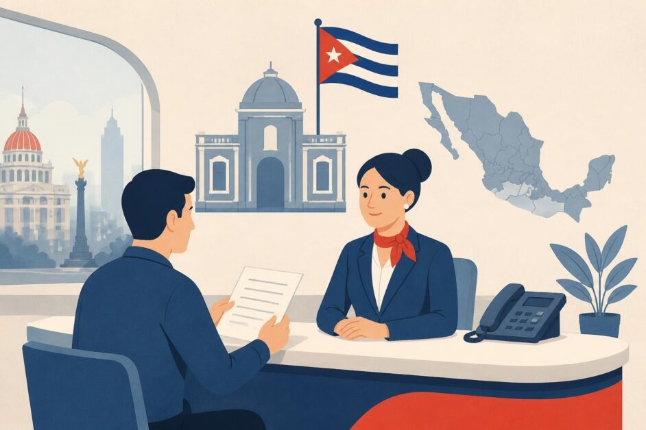 Persona consulta en un mostrador de un consulado cubano con un mapa simplificado de México al fondo.