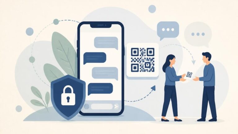 Dos personas comparten una invitación por código QR desde un teléfono con un candado de privacidad.