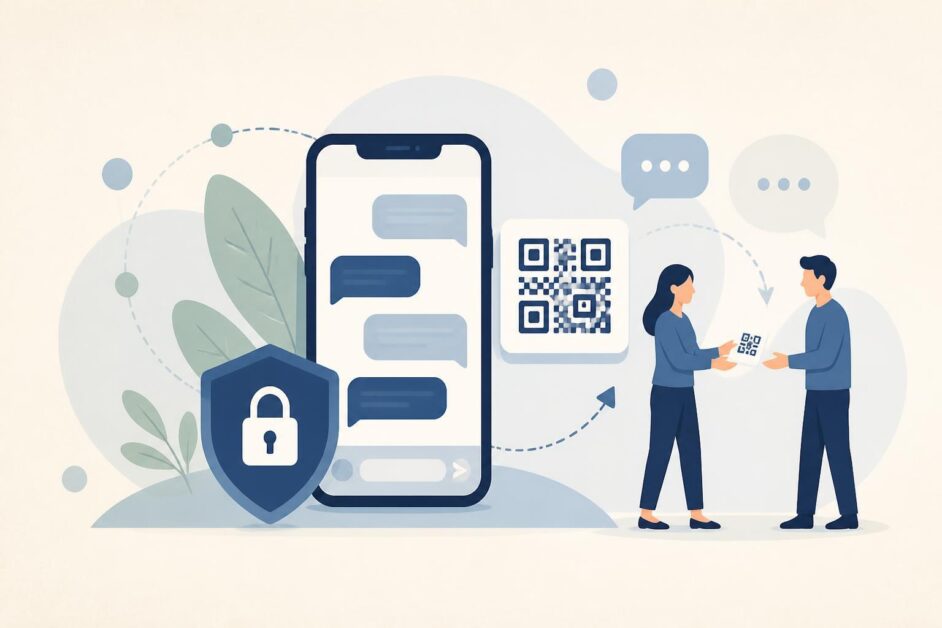 Dos personas comparten una invitación por código QR desde un teléfono con un candado de privacidad.