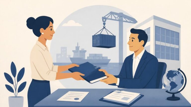 Emprendedora entrega una solicitud a un representante comercial junto a ofertas y un contenedor de carga.