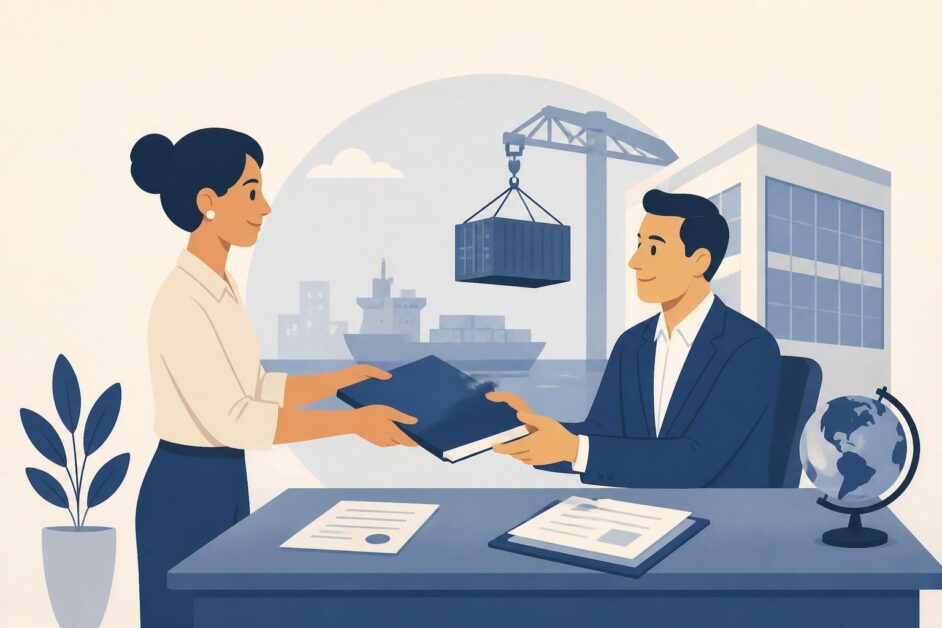 Emprendedora entrega una solicitud a un representante comercial junto a ofertas y un contenedor de carga.