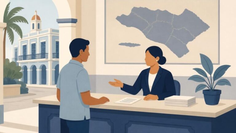 Ciudadana atendida en una oficina de gobierno local con fachada urbana cubana.