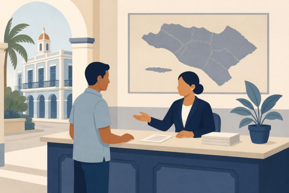 Ciudadana atendida en una oficina de gobierno local con fachada urbana cubana.