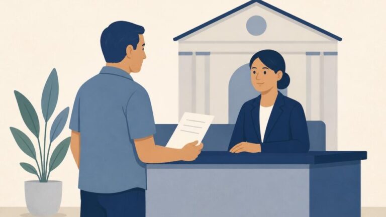 Persona entregando un documento en un mostrador de atención de una institución local.