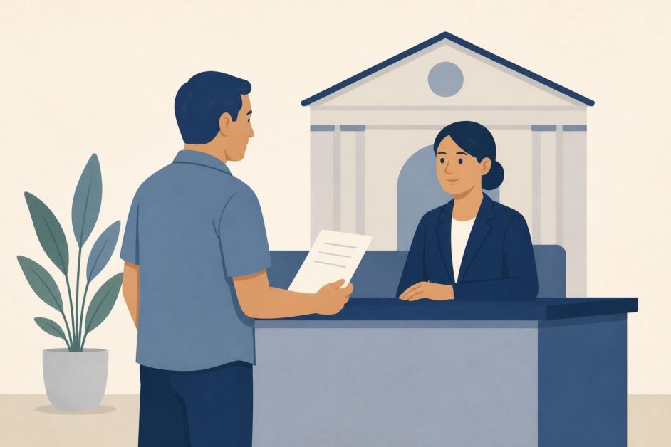 Persona entregando un documento en un mostrador de atención de una institución local.