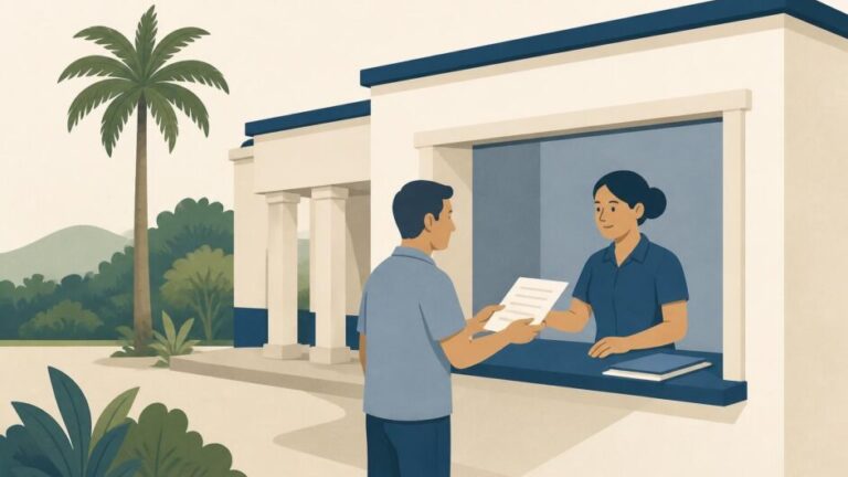 Persona realizando una consulta en una oficina de gobierno local con vegetación al fondo.