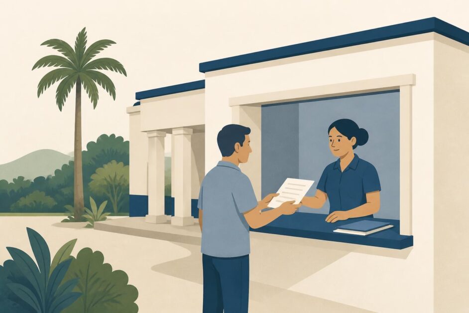 Persona realizando una consulta en una oficina de gobierno local con vegetación al fondo.