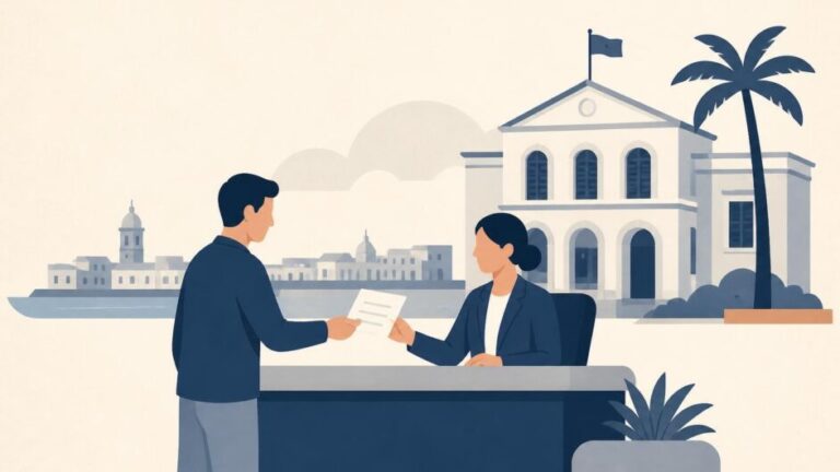 Persona realizando una consulta en una oficina de atención ciudadana ante un edificio institucional.