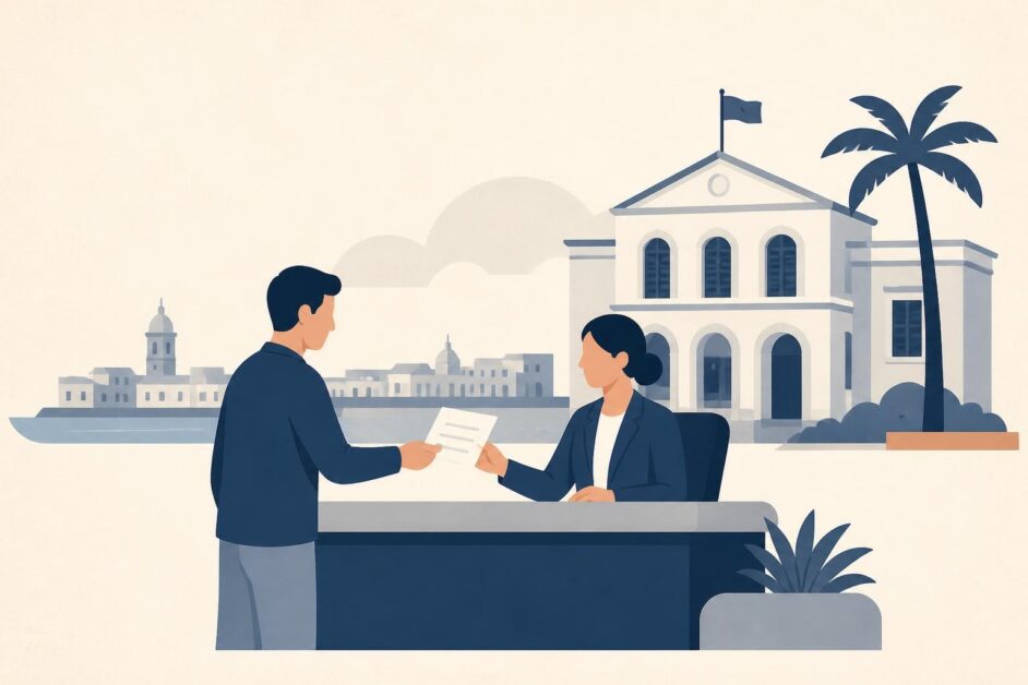 Persona realizando una consulta en una oficina de atención ciudadana ante un edificio institucional.