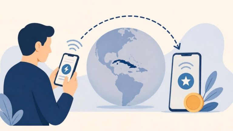 Persona envía saldo desde un teléfono al móvil de un familiar en Cuba mediante una conexión internacional.