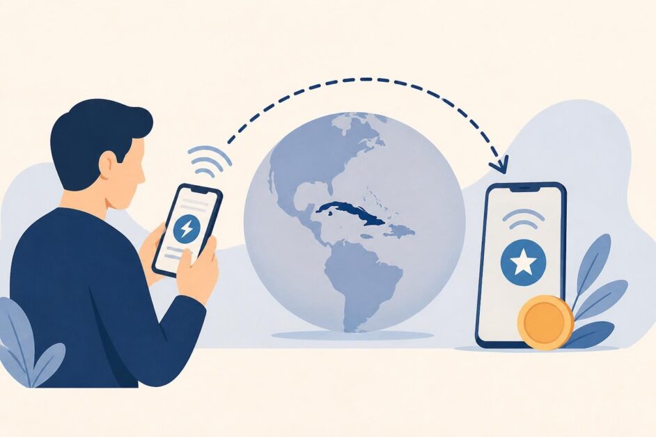 Persona envía saldo desde un teléfono al móvil de un familiar en Cuba mediante una conexión internacional.